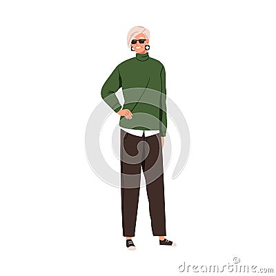 Modern elderly woman in fashion casual clothes. Happy smiling old lady wearing stylish apparel. Senior female character Vector Illustration