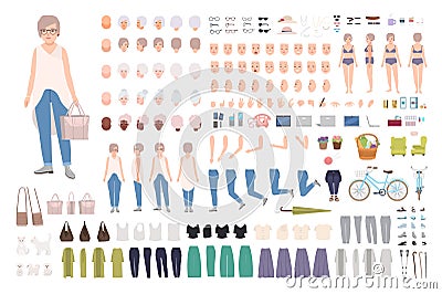 Modern elderly woman or old lady DIY kit. Bundle of grandmothers`s body parts, hand gestures, stylish clothing isolated Vector Illustration