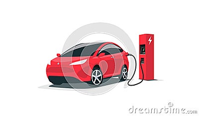 Modern Electric Car Charging Parking at the Charger Station Vector Illustration