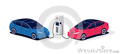 Modern Electric Cars Charging Parking at the Charger Station Vector Illustration