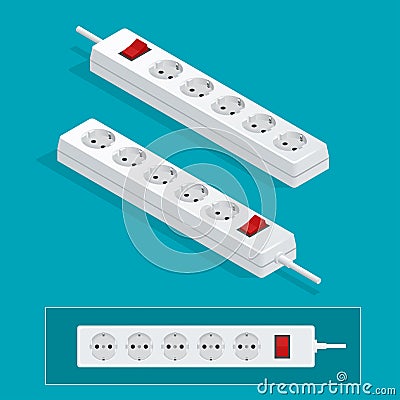 Modern electric extension cord on a white background. Power outlet plug isometric illustration. Vector Illustration