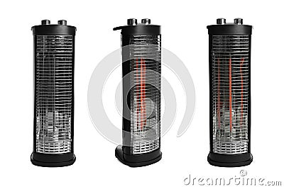 Modern electric heaters on white background, collage Stock Photo