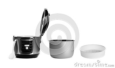 Modern electric multi cooker and accessories Stock Photo