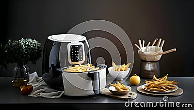 Modern electric toaster with french fries on black table against dark background Stock Photo