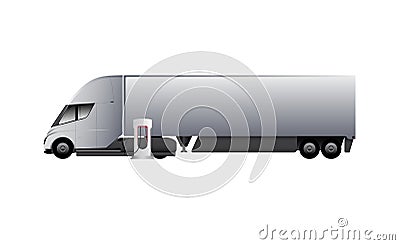 Modern electric truck charging at the supercharging station. Vector Illustration