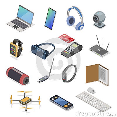 Modern electronic gadget isometric set vector illustration. Collection technology devices laptop Vector Illustration