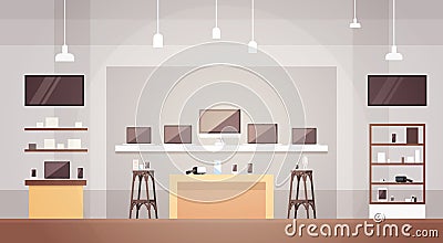 Modern Electronics Store Shop Interior Banner with Copy Space Vector Illustration