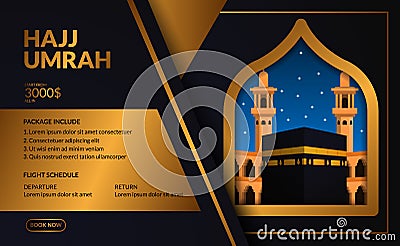 Modern elegant luxury hajj and umrah tour travel poster, flyer, banner template with kaaba realistic from window with golden frame Vector Illustration