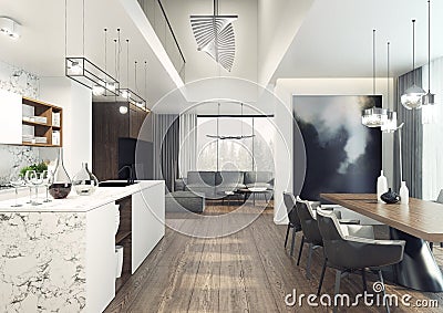 Modern, elegant and spacious interior with wonderful view. 3D illustration Stock Photo