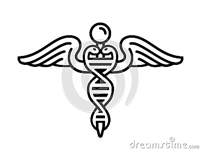 Modern emblem of genetic engineering as part of medicine With nucleic acid double helix and caduceus, snakes and wings Icon of DNA Vector Illustration