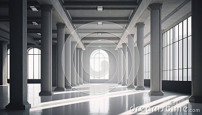 Modern and empty huge hall of concrete material with big windows Cartoon Illustration