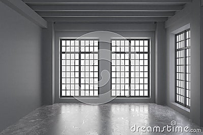 Modern empty loft room with grey walls, concrete floor and big Stock Photo