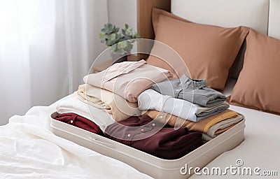 modern empty openned suitcase on white bed on white bedroom background Stock Photo
