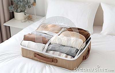 modern empty openned suitcase on white bed on white bedroom background Stock Photo
