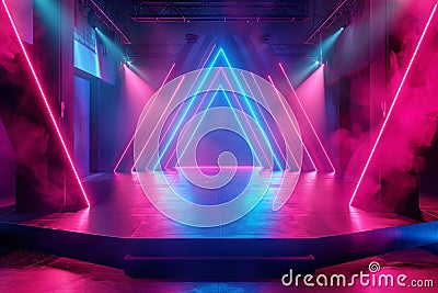 Modern empty stage with LED lights and dynamic neon triangles, providing futuristic and abstract background for a high-tech Stock Photo