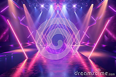 Modern empty stage with LED lights and dynamic neon triangles, providing a futuristic and abstract background for a high-tech Stock Photo