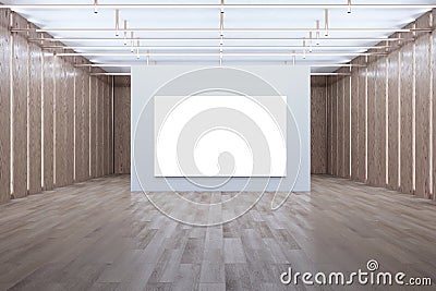 Modern wood plank garage interior with blank white mock up poster. Product advertisement concept. 3D Rendering Stock Photo