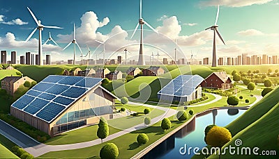 modern energy self-sufficient city with green energy source Stock Photo