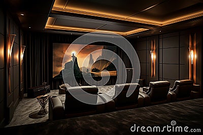 A modern entertainment room with a large screen, plush seating, and high-end sound systems. Stock Photo