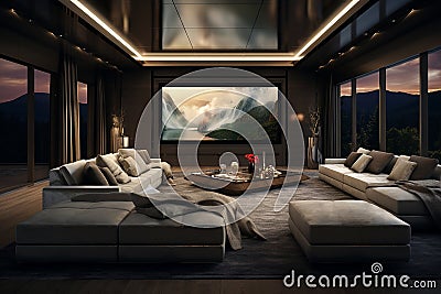 A modern entertainment room with a large screen, plush seating, and high-end sound systems. Stock Photo