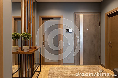 Modern entrance hallway in neutral shades of brown and gray tones in loft style. Video intercom on wall. Plant on console. Concept Stock Photo