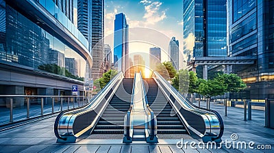 A modern escalator ascends into a bustling cityscape, capturing the essence of urban dawn Stock Photo