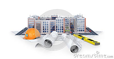 Modern european residential complex on a white background with drawing plan and tools Cartoon Illustration