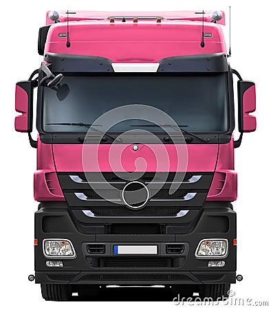 Pink Mercedes Actros truck with black plastic bumper. Stock Photo