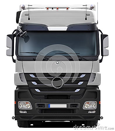 White Mercedes Actros truck with black plastic bumper. Stock Photo