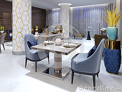 Modern evening restaurant in hotel with various furniture and the hidden ceiling light and patterns from a mosaic on white columns Stock Photo