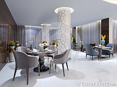 Modern evening restaurant in hotel with various furniture and the hidden ceiling light and patterns from a mosaic on white columns Stock Photo
