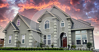 Large Luxury Designer Home Exterior Canada Grey Stucco House Roofing Front View Stock Photo