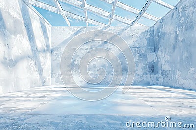 A modern, expansive space with concrete walls and a ceiling patterned with grids and skylights. 3D Rendering Stock Photo