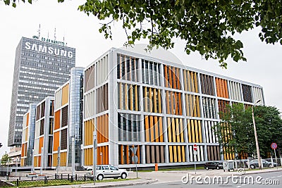 Modern exterior of a colorful office building in Riga, Latvia Editorial Stock Photo