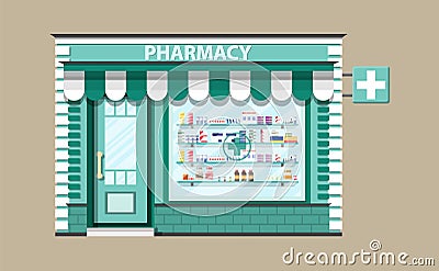 Modern exterior pharmacy or drugstore. Vector Illustration