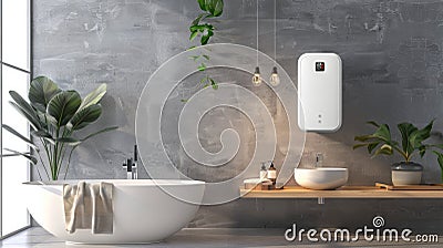 Modern external continuous flow gas water heater mounted on house wall Stock Photo