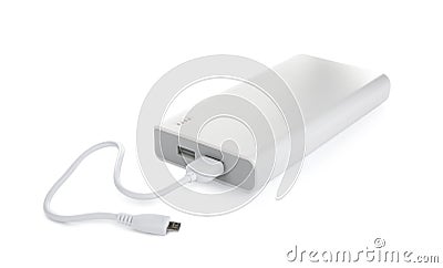 Modern external portable charger with cable isolated Stock Photo