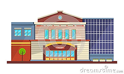 Modern facade of cinema building, architectural structure for recreation, entertainment. Vector Illustration