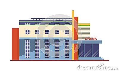 Modern facade of cinema building, architectural structure for recreation, entertainment. Vector Illustration