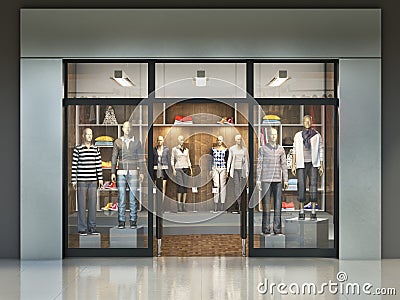 Modern facade of clothes store with empty signboard. Cartoon Illustration