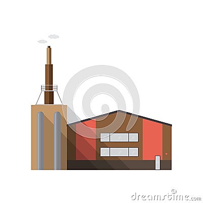 Modern factory building with pipe emitting smoke isolated on white background. Manufacturing plant of contemporary Vector Illustration