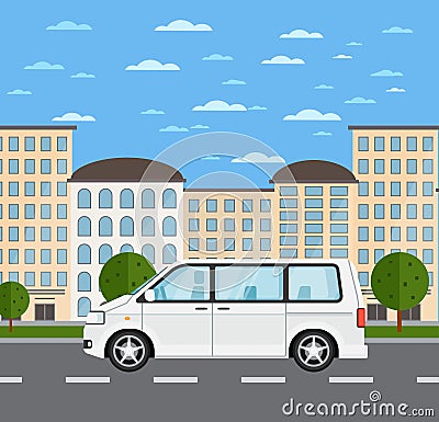 Modern family minivan in urban landscape Vector Illustration