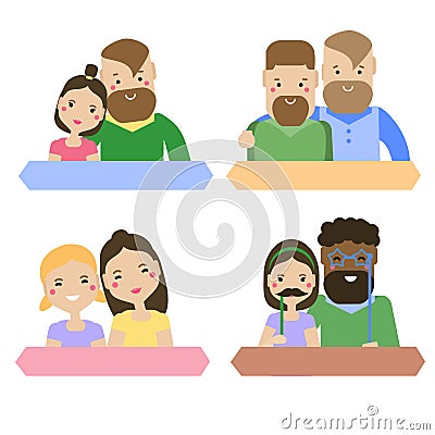 Modern family types. Heterosexual and homosexual couples. Lesbian, gay and straight females and males Vector Illustration