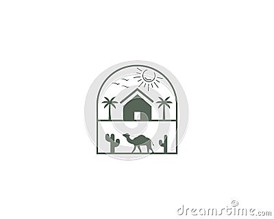 Modern farm house with camel line style logo design. Vector Illustration