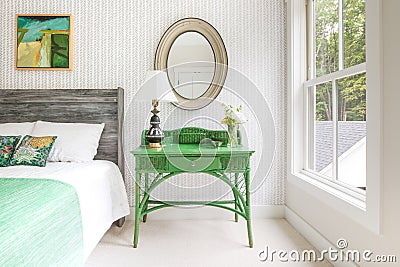 Modern Farmhouse Bedroom with Green Nightstand Editorial Stock Photo