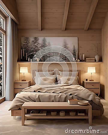 Modern Farmhouse Bedroom with Wood Bedside Cabinet and Beamed Ceiling. Generative ai Cartoon Illustration