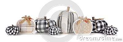 Modern farmhouse fall decor with black and white buffalo plaid and rustic pumpkin decor isolated on white Stock Photo