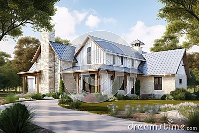 modern farmhouse with metal roof, wooden siding and stone accents Stock Photo