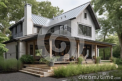 modern farmhouse with wraparound porch, wooden siding and metal accents against a lush green landscape Stock Photo