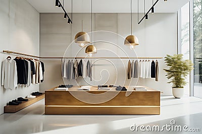 Modern fashion boutique showroom with minimalist shelves, white walls, and chic pendant lighting. Stock Photo